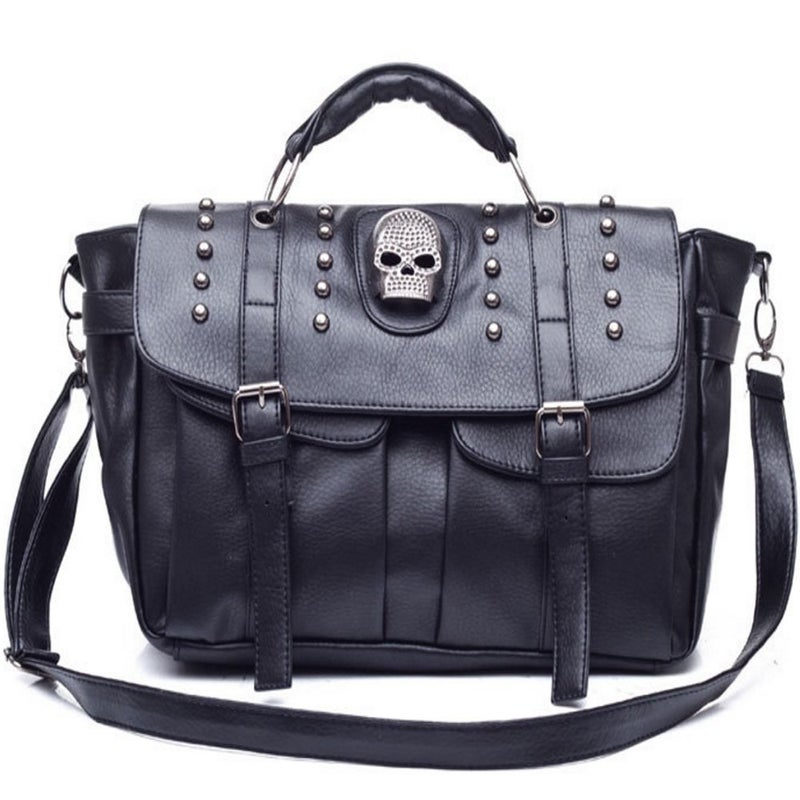 FiveloveTwo Personality Womens Handbag Purse Skull Rivet Top Handle Shoulder Crossbody Bag Middle Punk Satchel Tote Blackâ€¦ - Image 1
